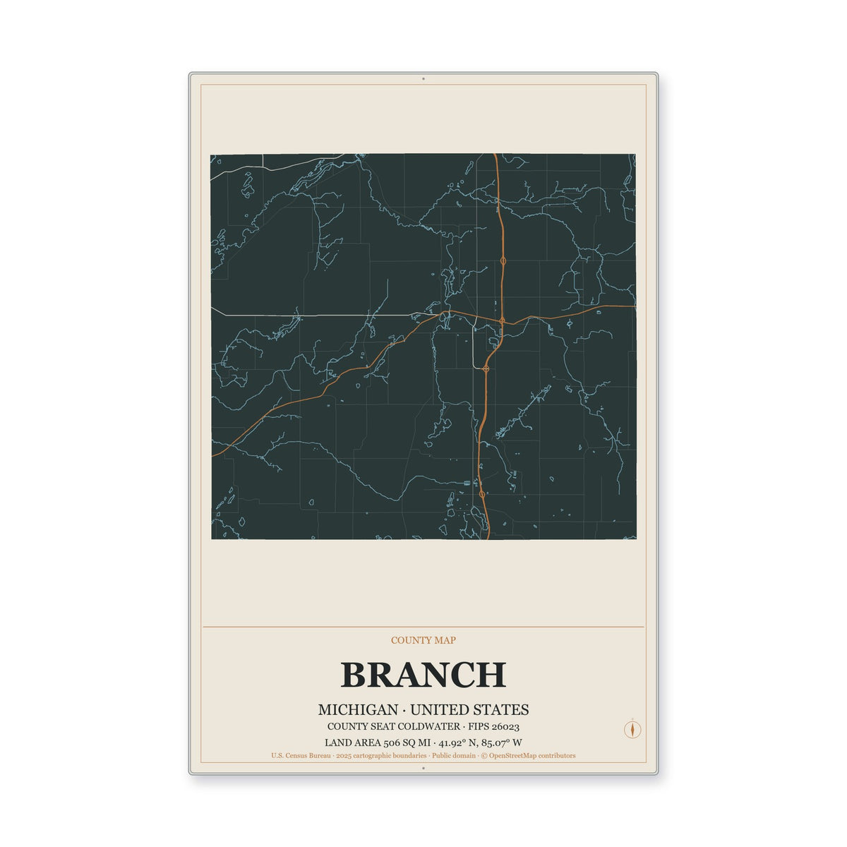 Branch County, Michigan Map Aluminum Sign in Headline Atlas style