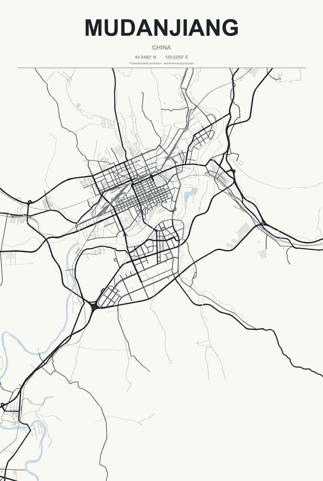 Mudanjiang, China City Map Aluminum Sign in Headline Atlas style