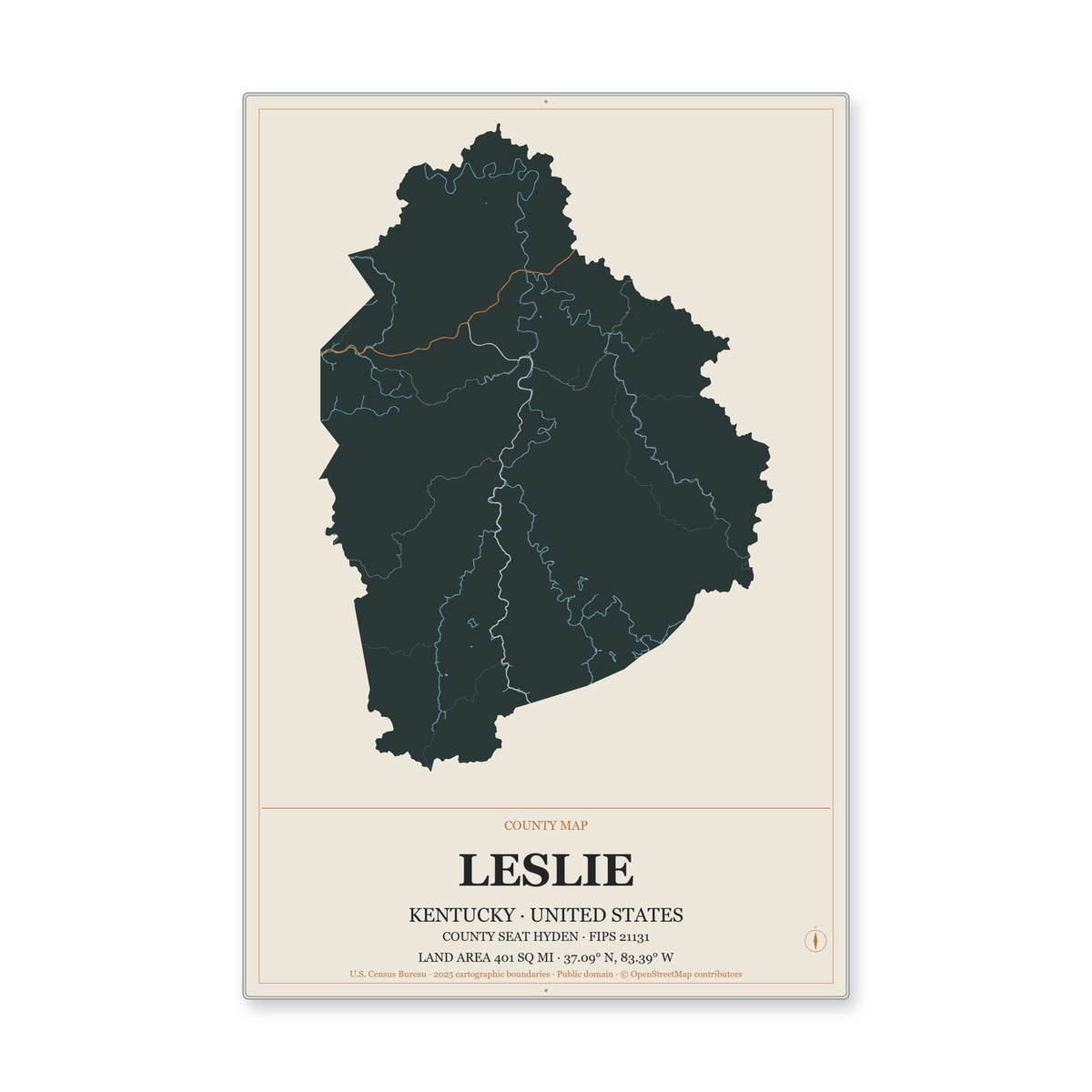 Leslie County, Kentucky Map Aluminum Sign in Headline Atlas style