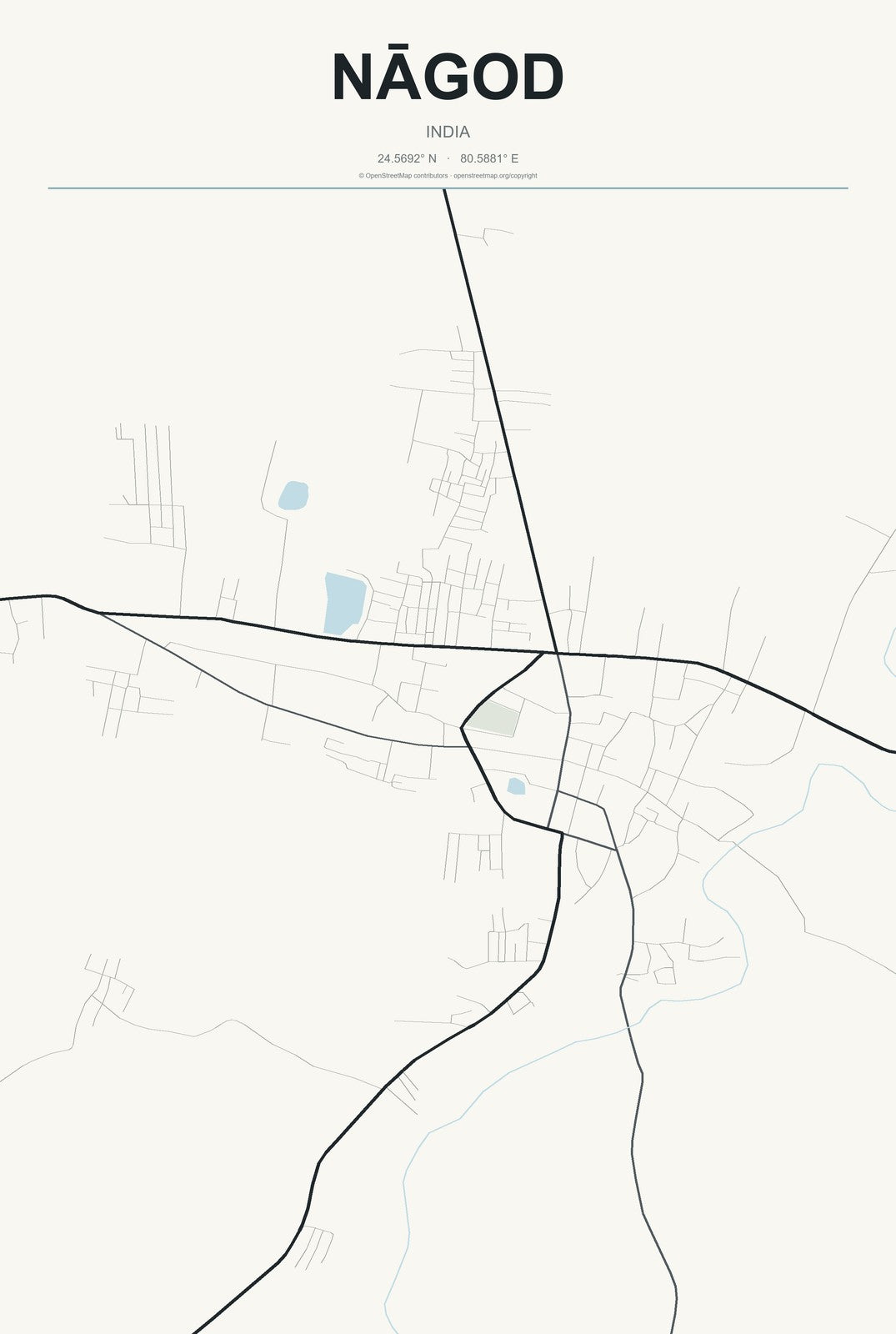 Nāgod, India City Map Aluminum Sign in Headline Atlas style