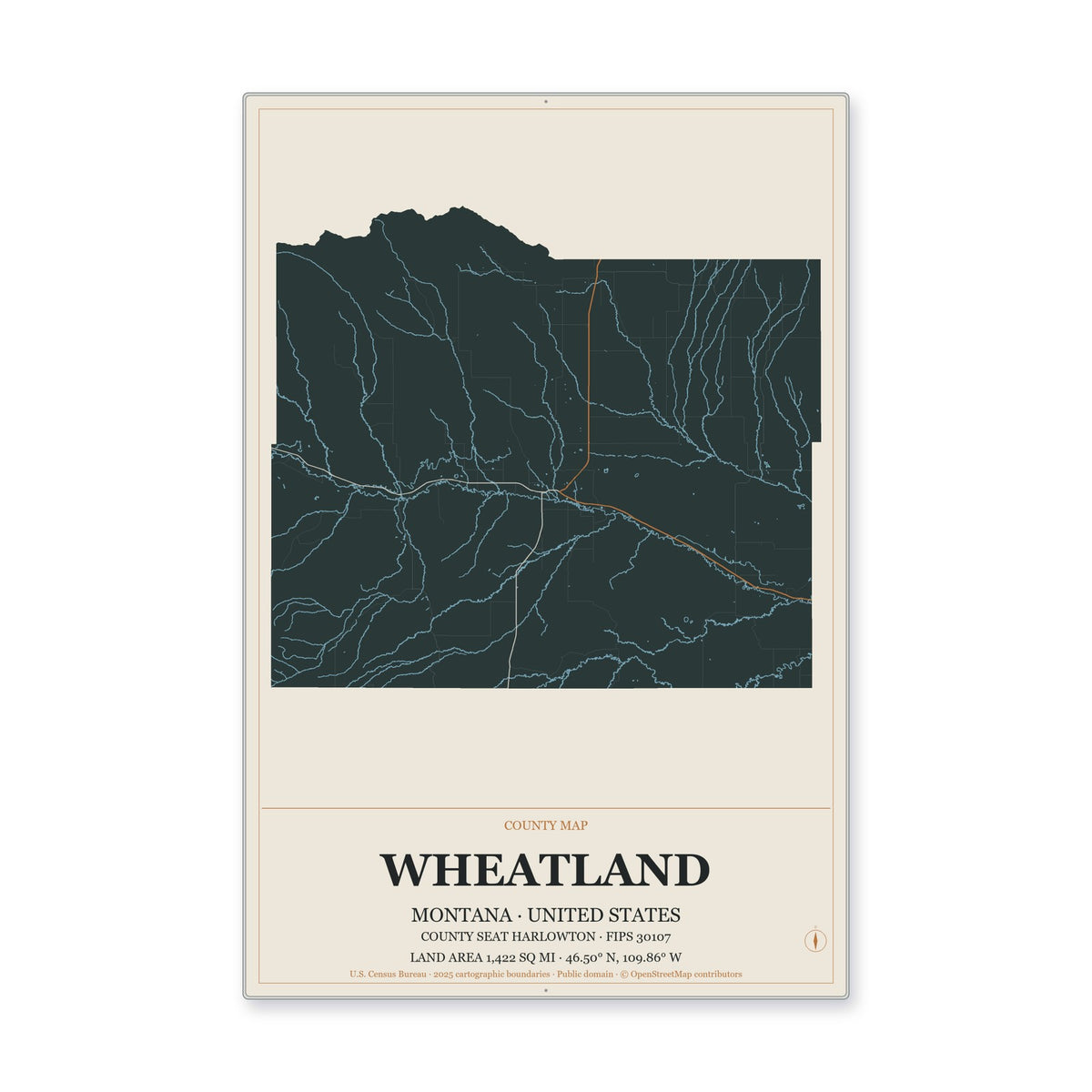 Wheatland County, Montana Map Aluminum Sign in Headline Atlas style