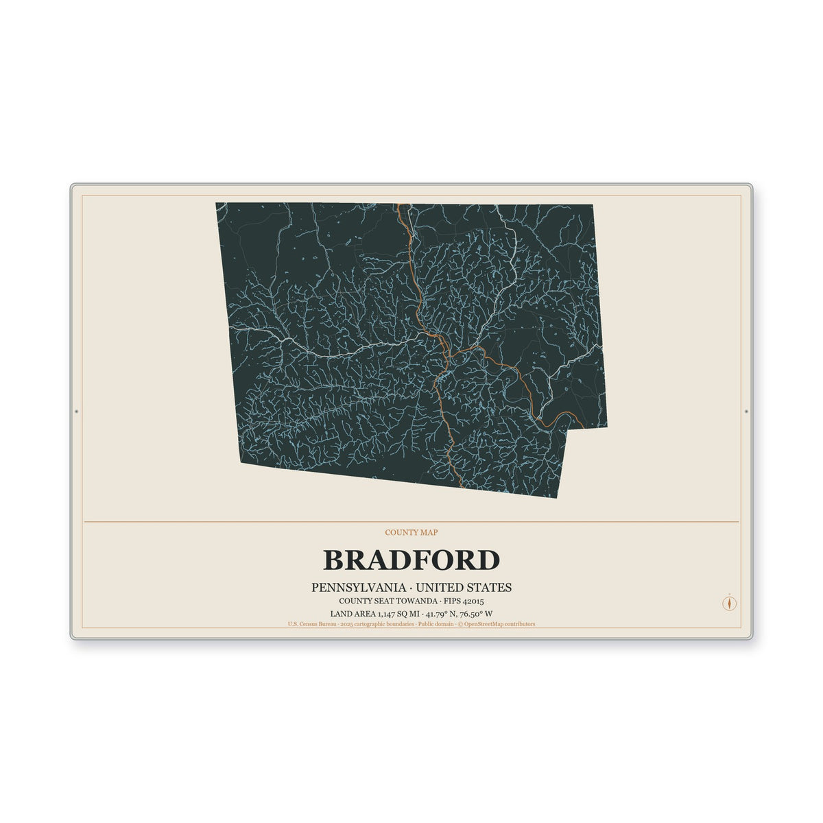 Bradford County, Pennsylvania Map Aluminum Sign in Headline Atlas style
