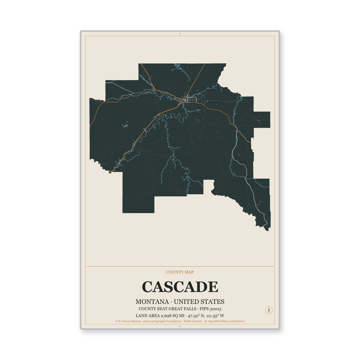 Cascade County, Montana Map Aluminum Sign in Headline Atlas style
