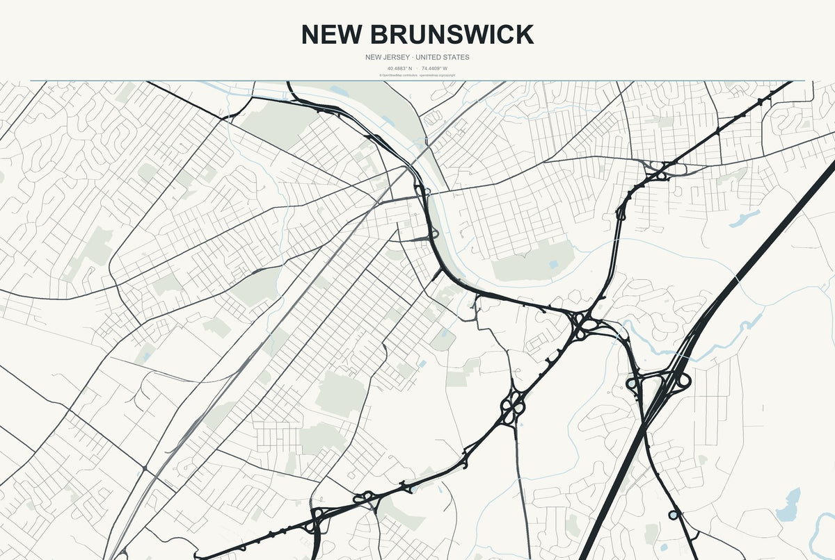 New Brunswick, New Jersey City Map Aluminum Sign in Headline Atlas style