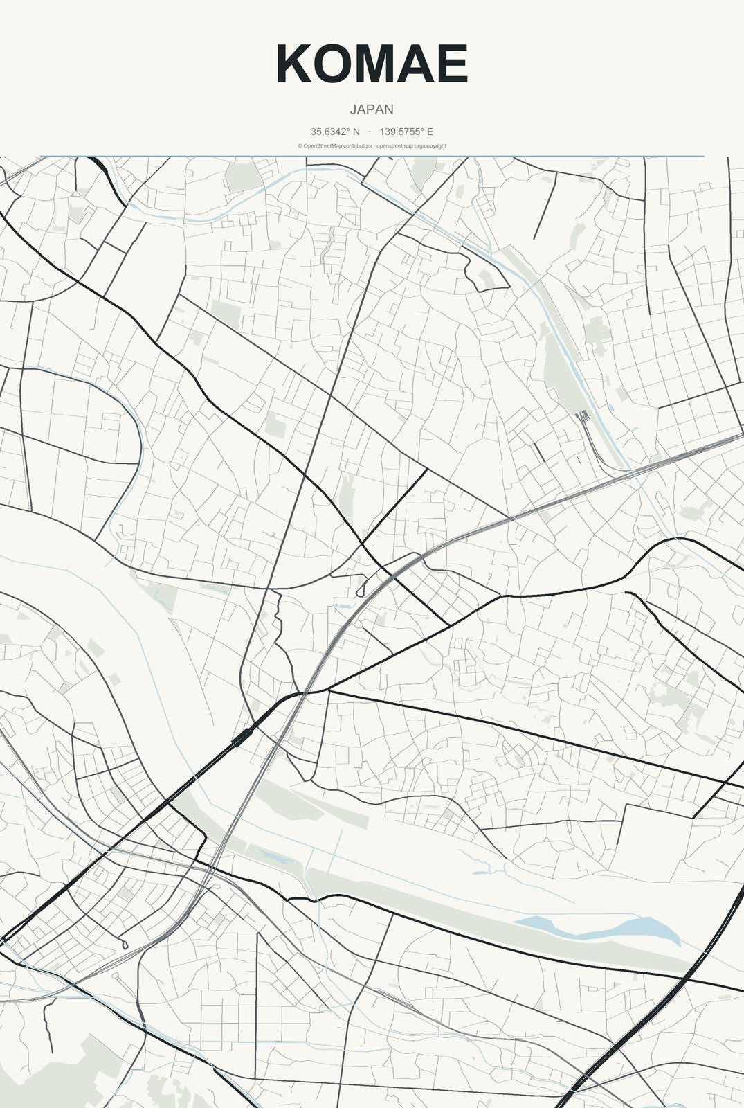 Komae, Japan City Map Aluminum Sign in Headline Atlas style