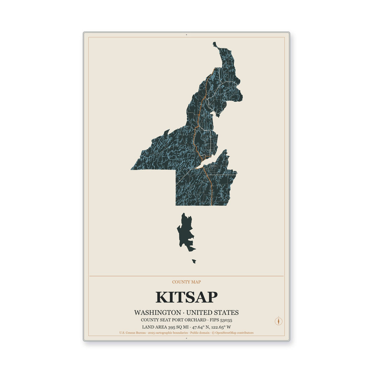 Kitsap County, Washington Map Aluminum Sign in Headline Atlas style