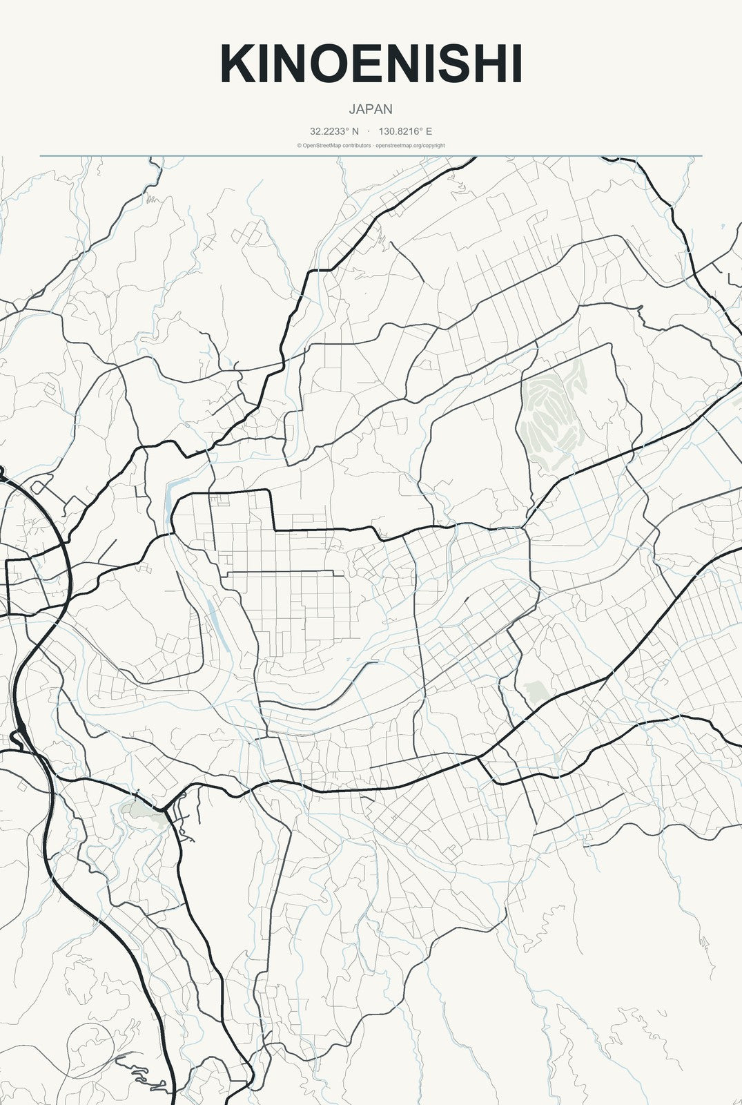 Kinoenishi, Japan City Map Aluminum Sign in Headline Atlas style