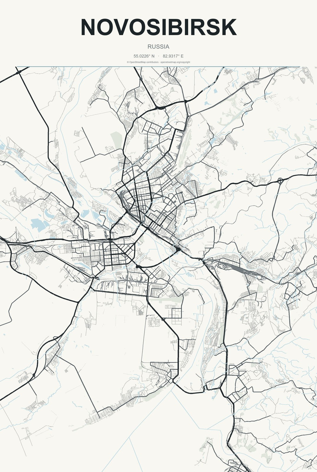 Novosibirsk, Russia City Map Aluminum Sign in Headline Atlas style