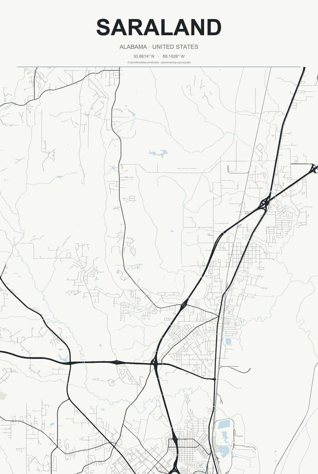 Saraland, Alabama City Map Aluminum Sign in Headline Atlas style