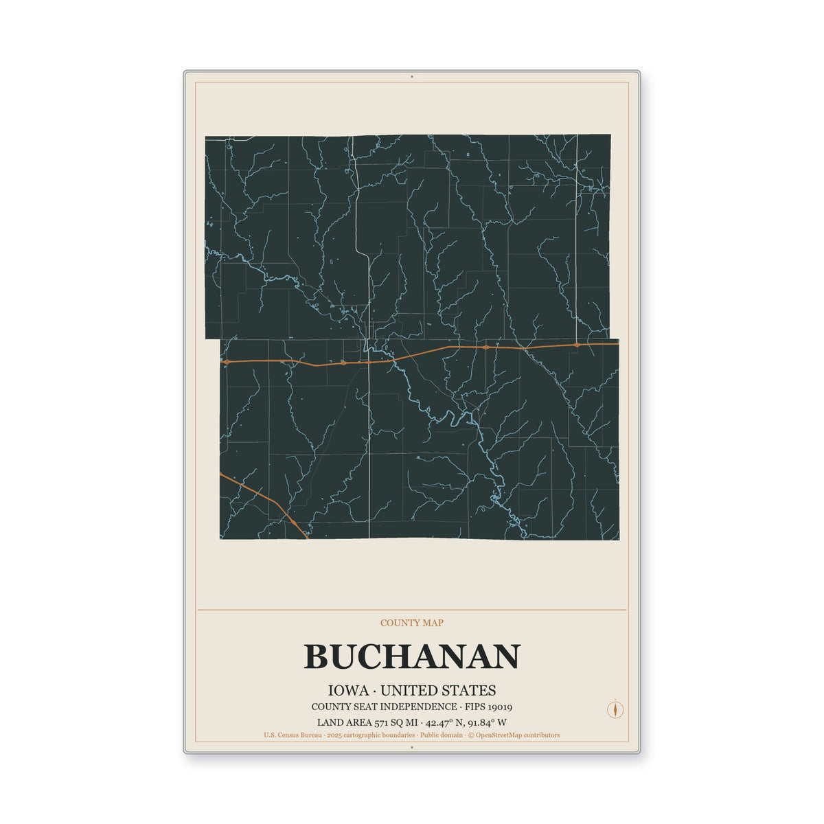 Buchanan County, Iowa Map Aluminum Sign in Headline Atlas style