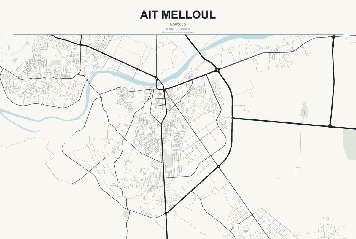 Ait Melloul, Morocco City Map Aluminum Sign in Headline Atlas style