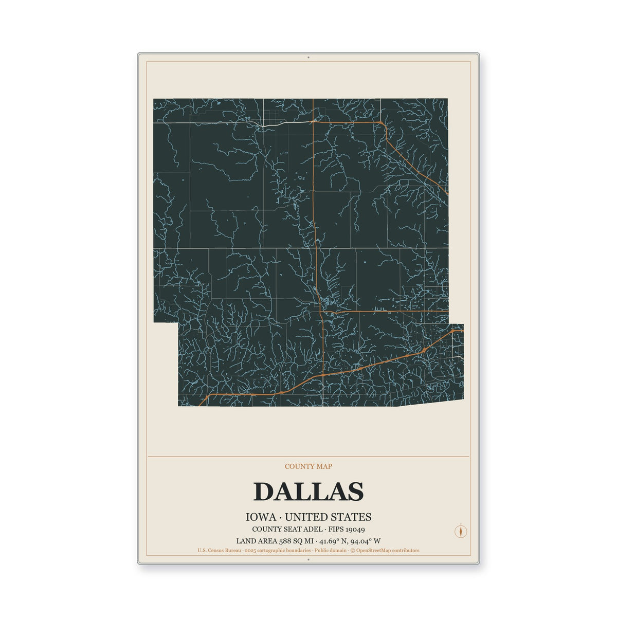 Dallas County, Iowa Map Aluminum Sign in Headline Atlas style