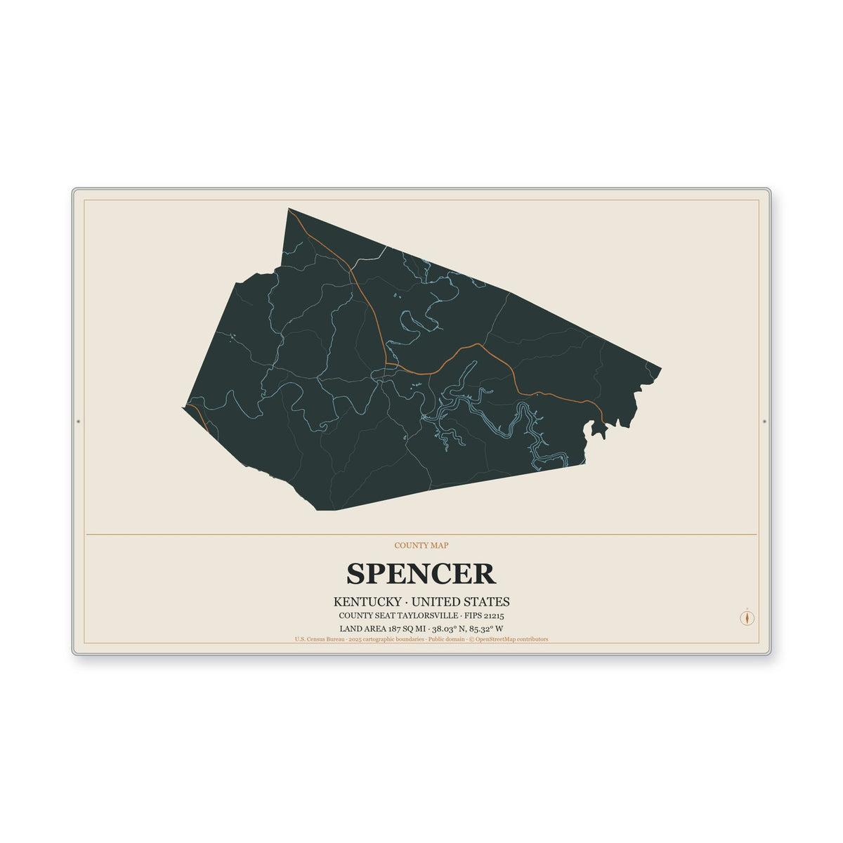 Spencer County, Kentucky Map Aluminum Sign in Headline Atlas style