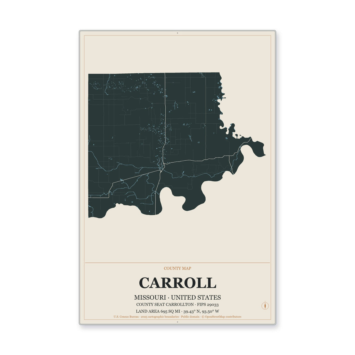 Carroll County, Missouri Map Aluminum Sign in Headline Atlas style