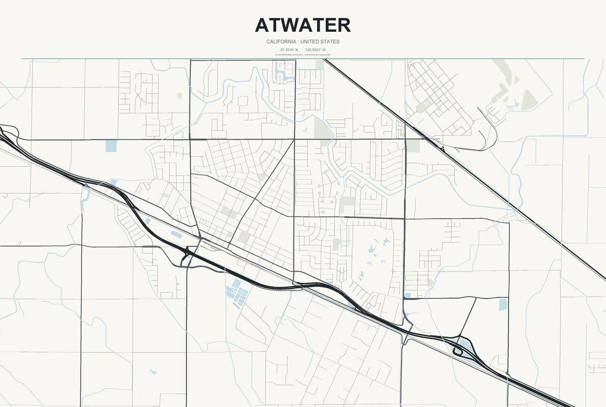 Atwater, California City Map Aluminum Sign in Headline Atlas style