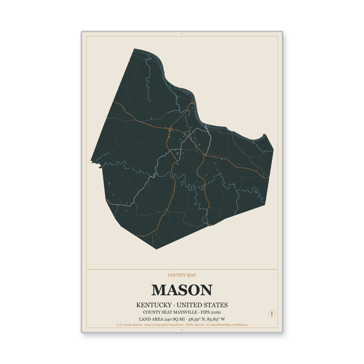 Mason County, Kentucky Map Aluminum Sign in Headline Atlas style