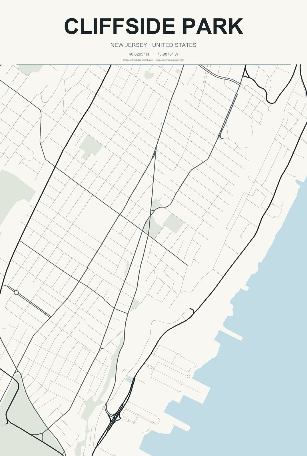 Cliffside Park, New Jersey City Map Aluminum Sign in Headline Atlas style