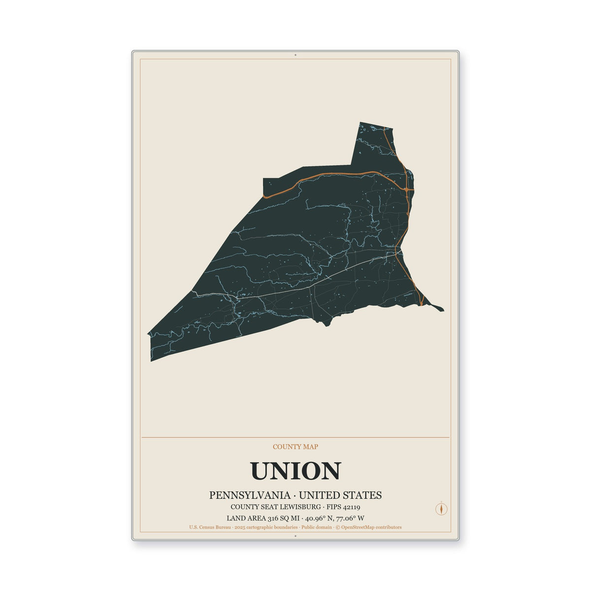 Union County, Pennsylvania Map Aluminum Sign in Headline Atlas style