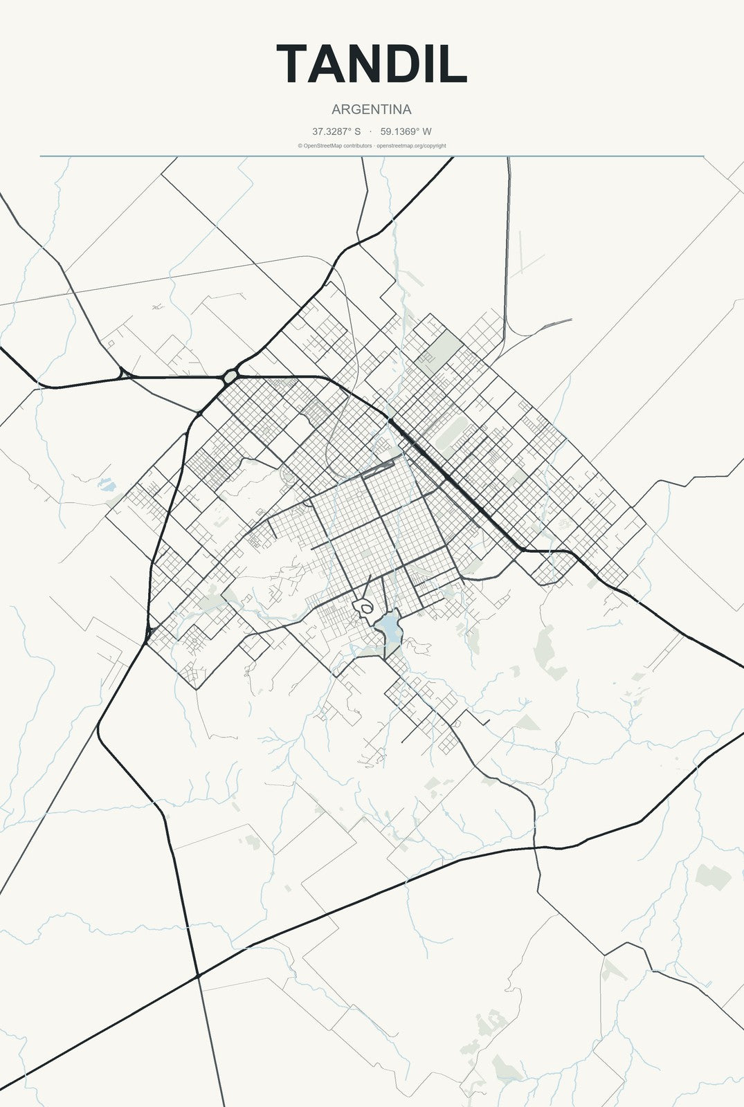 Tandil, Argentina City Map Aluminum Sign in Headline Atlas style
