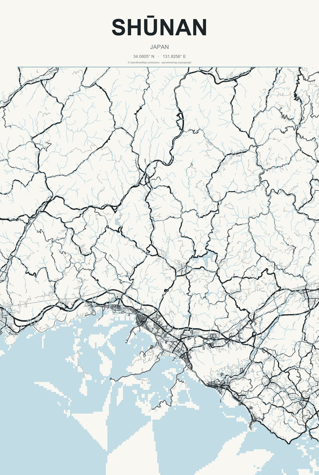 Shūnan, Japan City Map Aluminum Sign in Headline Atlas style