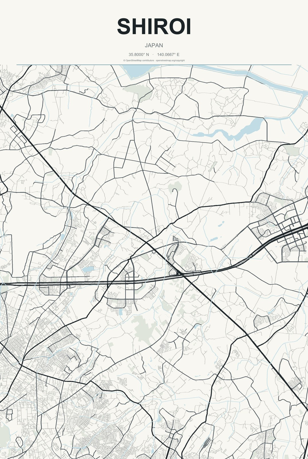 Shiroi, Japan City Map Aluminum Sign in Headline Atlas style