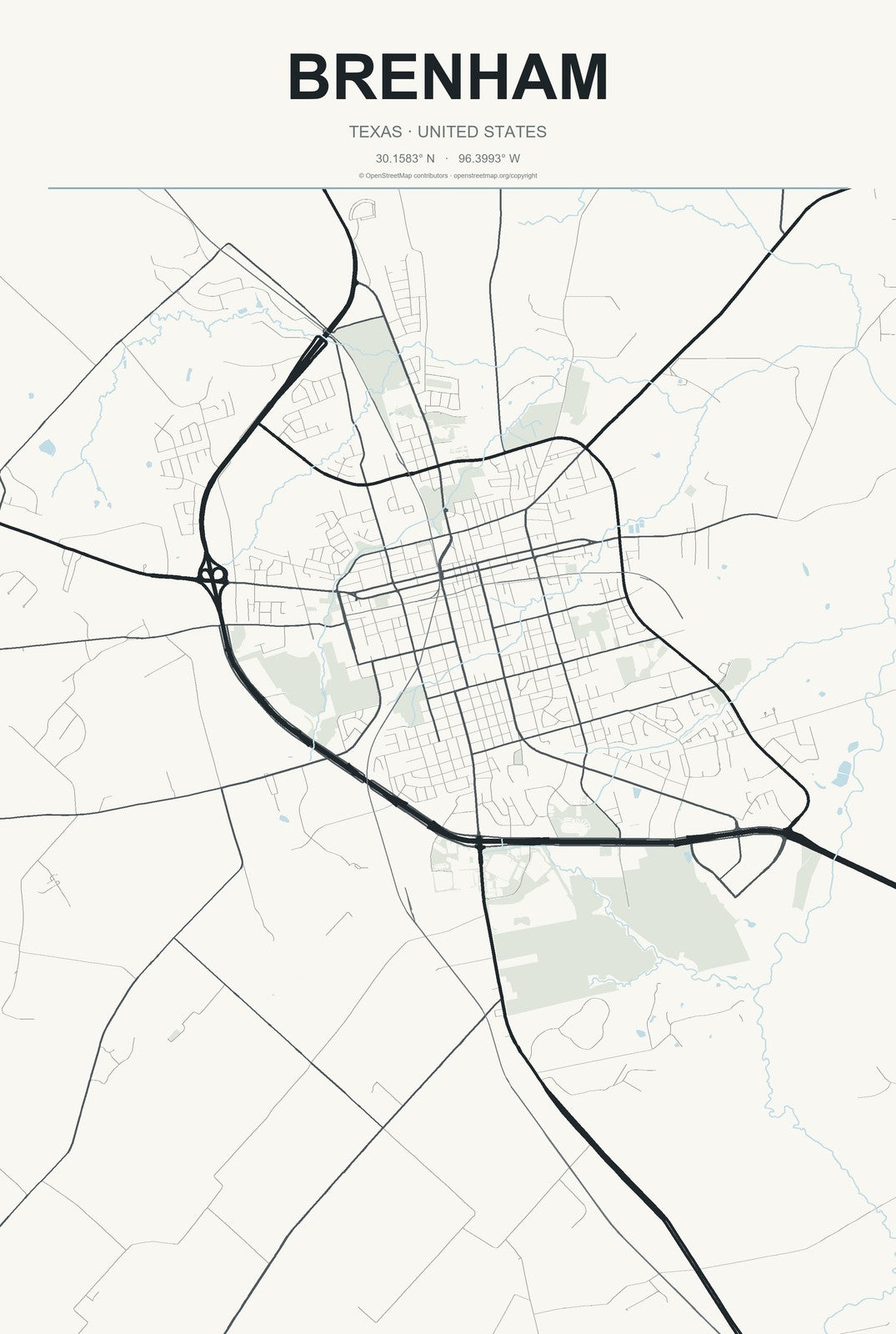 Brenham, Texas City Map Aluminum Sign in Headline Atlas style