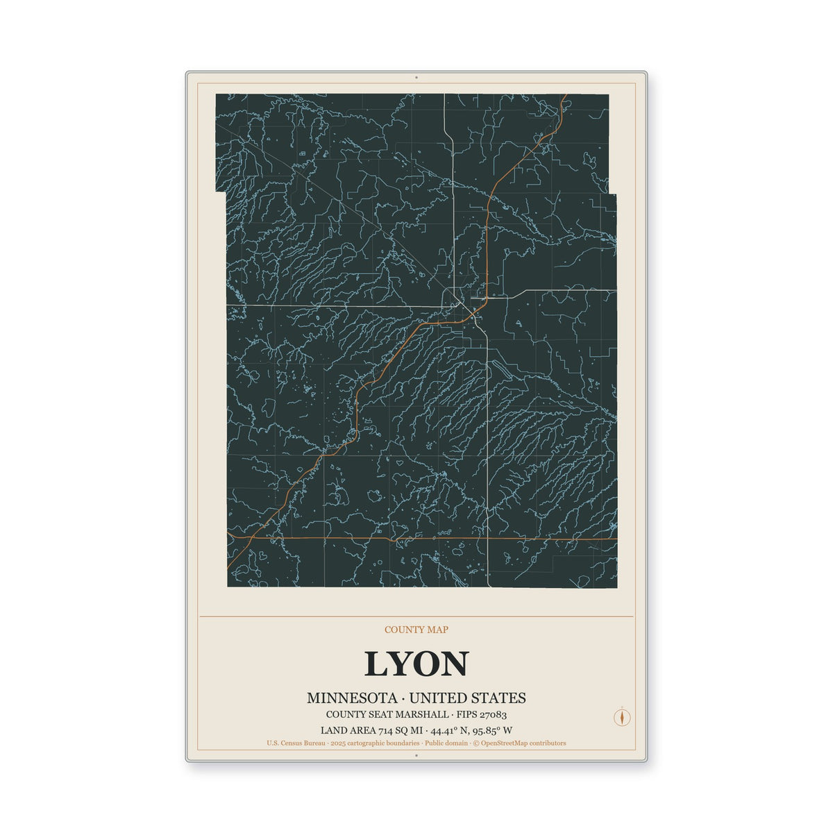 Lyon County, Minnesota Map Aluminum Sign in Headline Atlas style