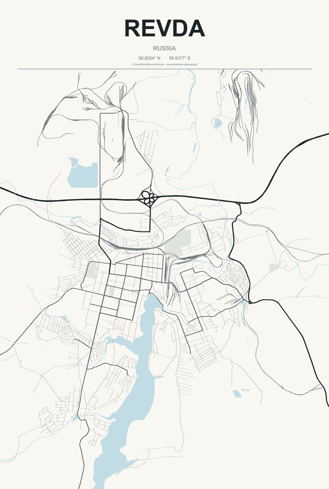 Revda, Russia City Map Aluminum Sign in Headline Atlas style
