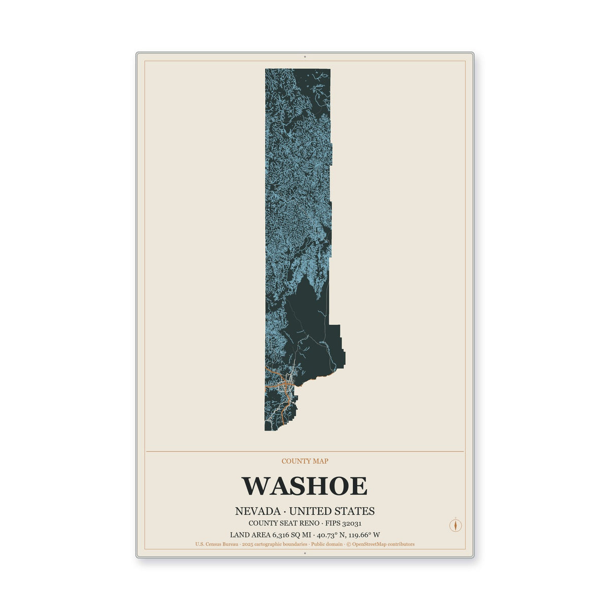 Washoe County, Nevada Map Aluminum Sign in Headline Atlas style