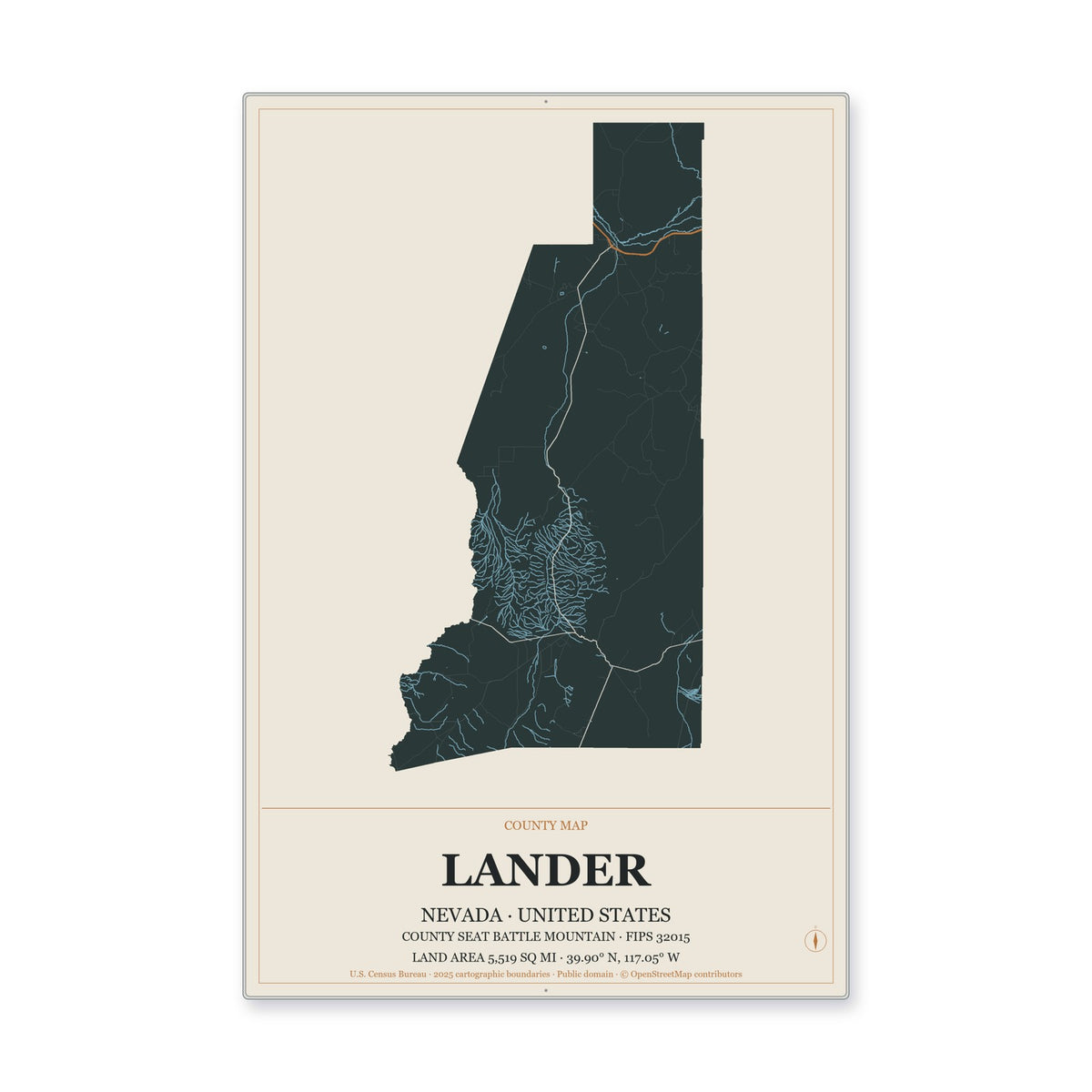 Lander County, Nevada Map Aluminum Sign in Headline Atlas style