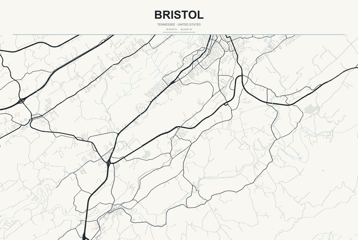 Bristol, Tennessee City Map Aluminum Sign in Headline Atlas style