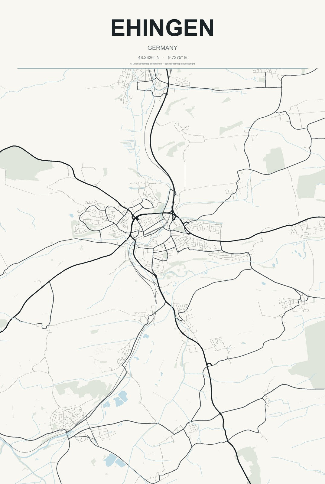 Ehingen, Germany City Map Aluminum Sign in Headline Atlas style
