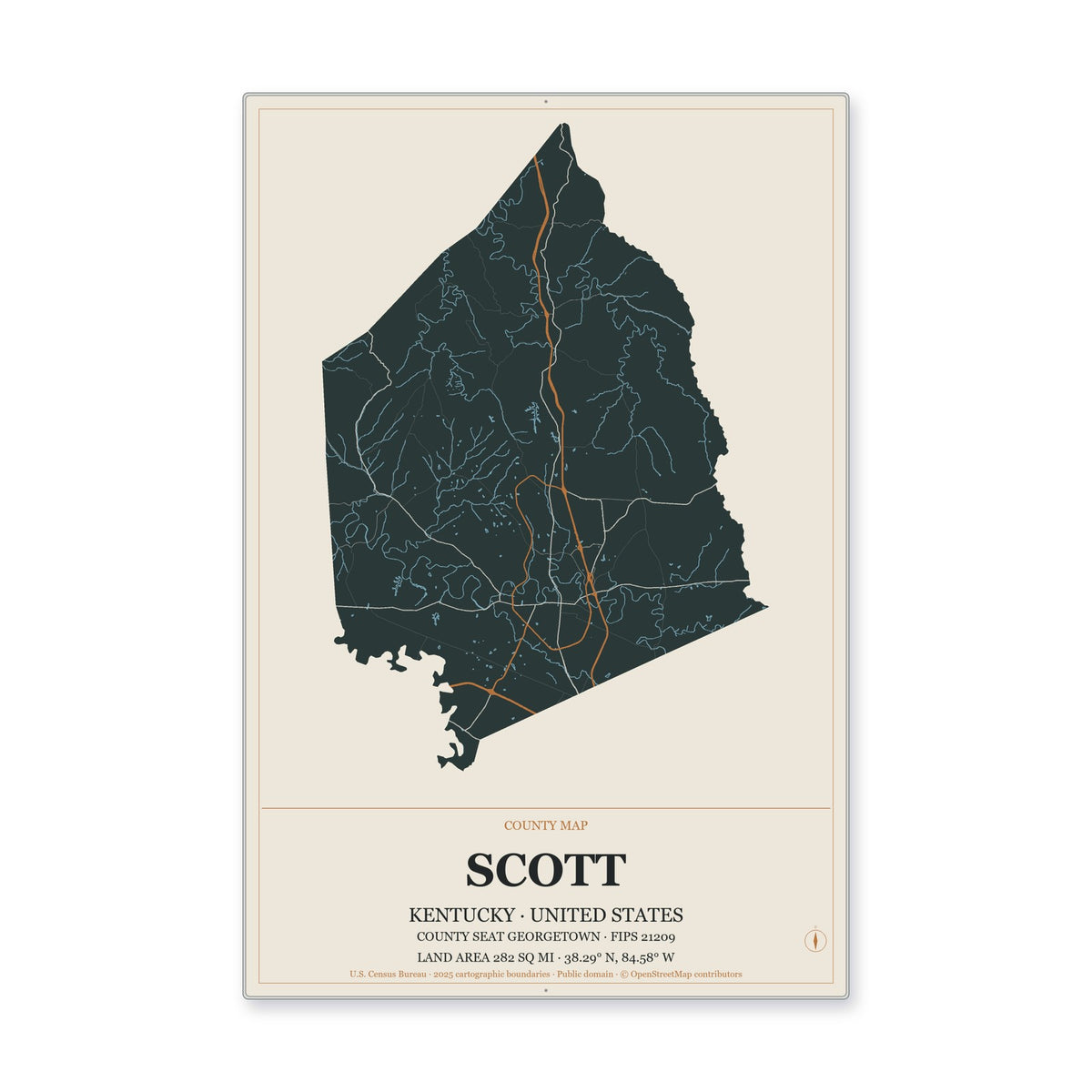 Scott County, Kentucky Map Aluminum Sign in Headline Atlas style