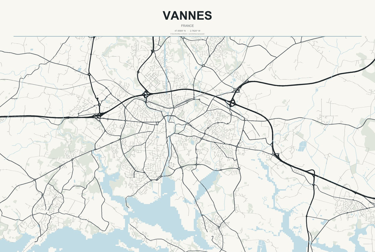 Vannes, France City Map Aluminum Sign in Headline Atlas style