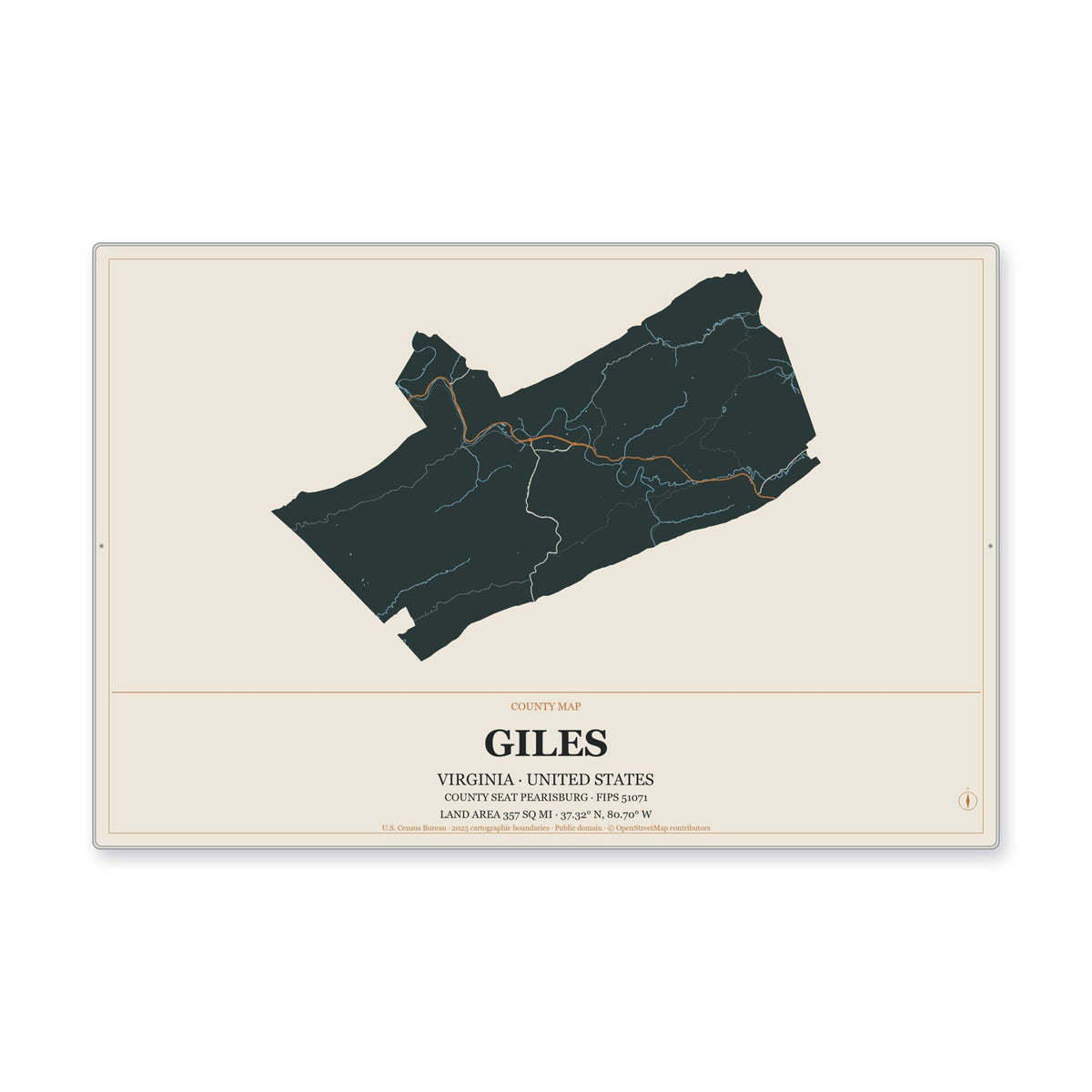 Giles County, Virginia Map Aluminum Sign in Headline Atlas style