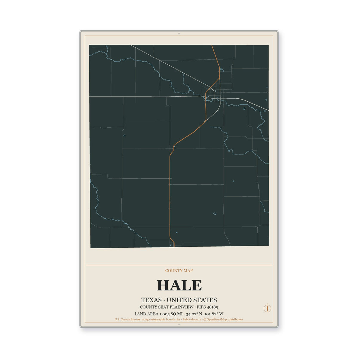 Hale County, Texas Map Aluminum Sign in Headline Atlas style