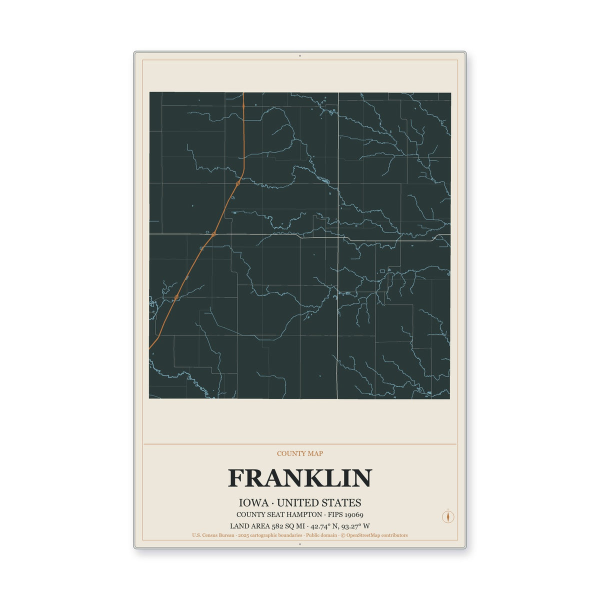Franklin County, Iowa Map Aluminum Sign in Headline Atlas style
