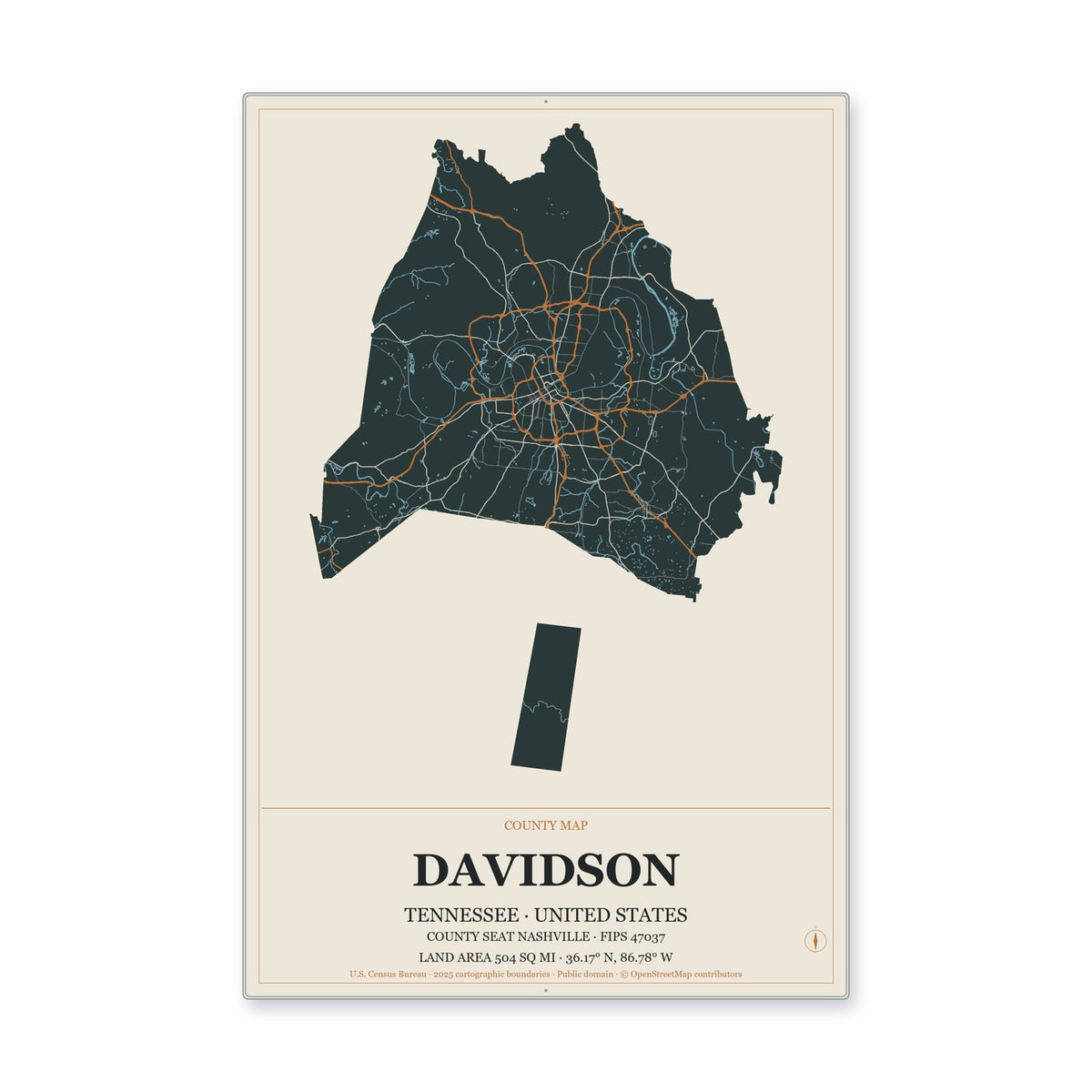 Davidson County, Tennessee Map Aluminum Sign in Headline Atlas style