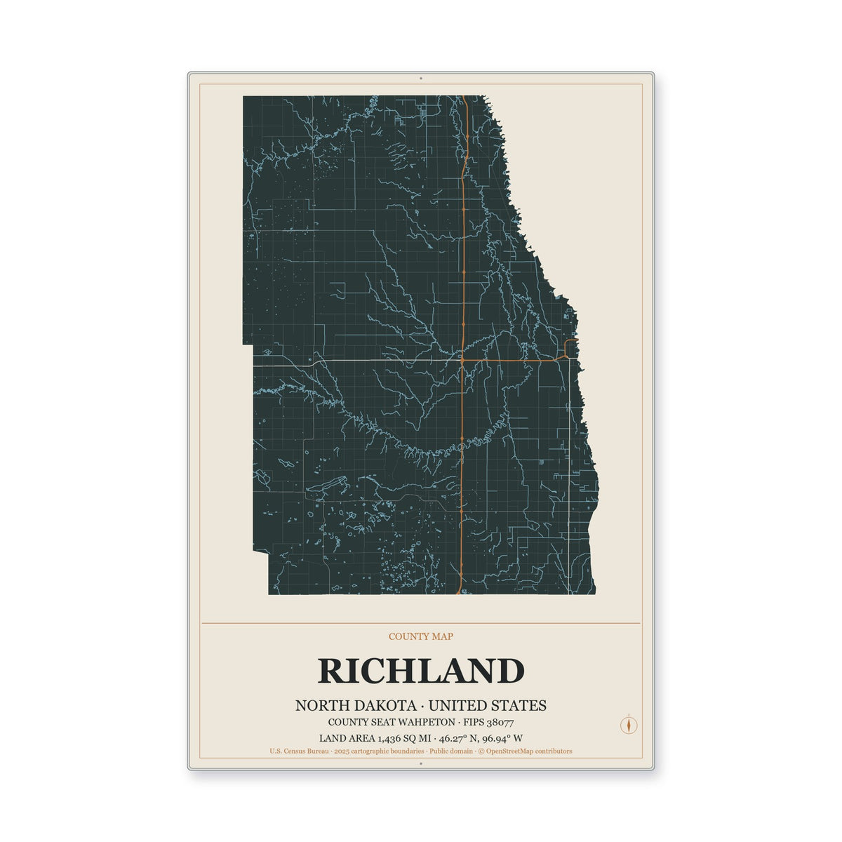 Richland County, North Dakota Map Aluminum Sign in Headline Atlas style