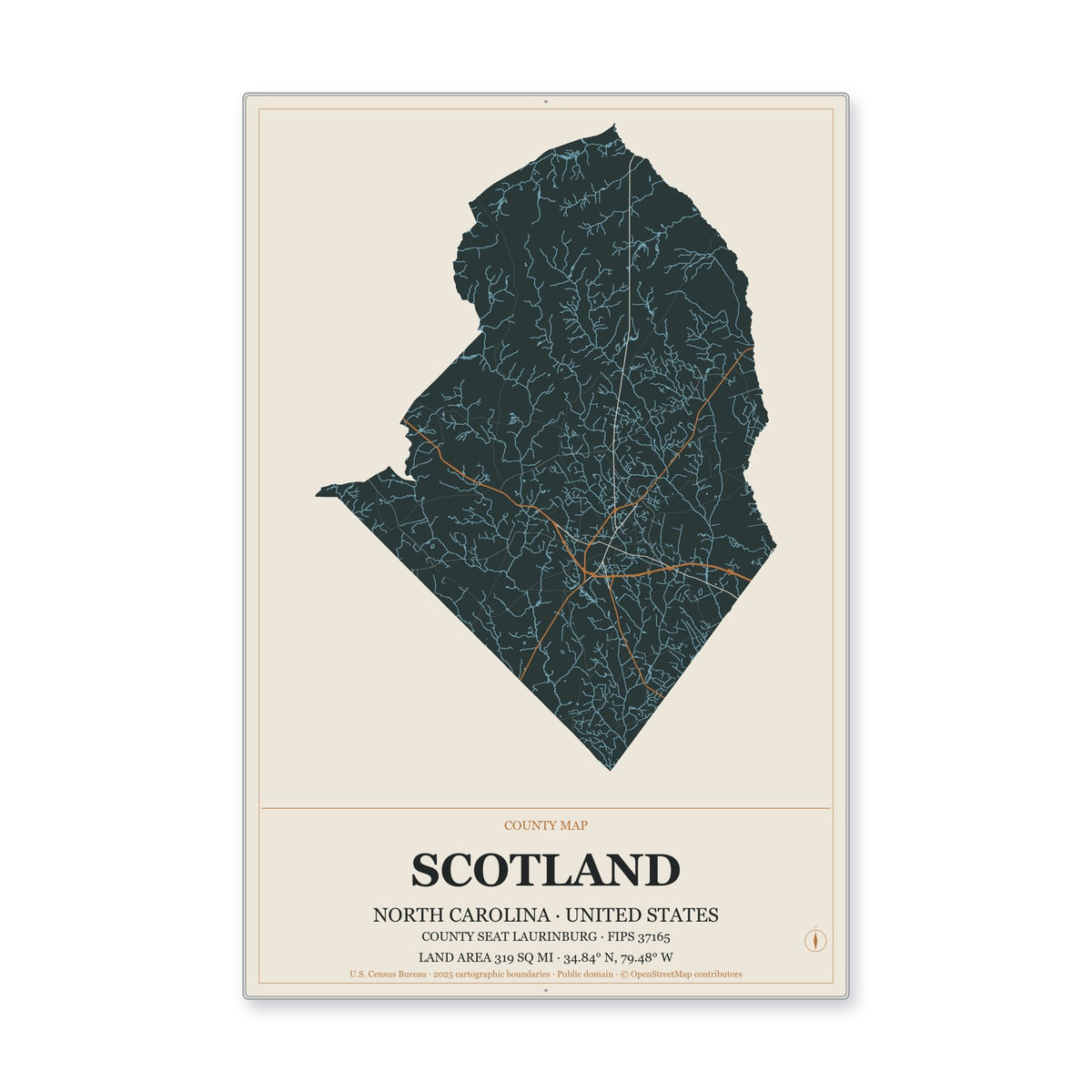Scotland County, North Carolina Map Aluminum Sign in Headline Atlas style