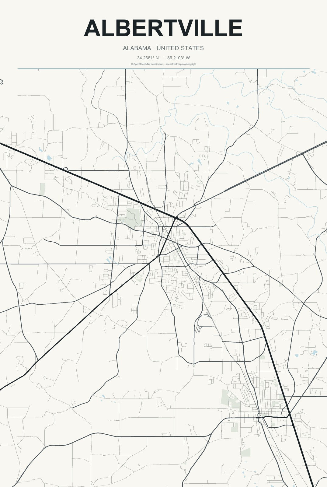 Albertville, Alabama City Map Aluminum Sign in Headline Atlas style