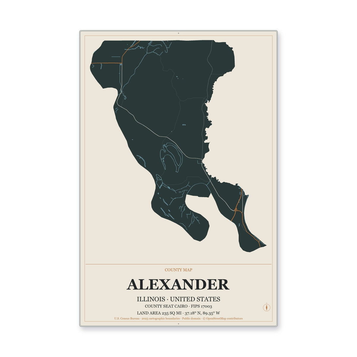 Alexander County, Illinois Map Aluminum Sign in Headline Atlas style