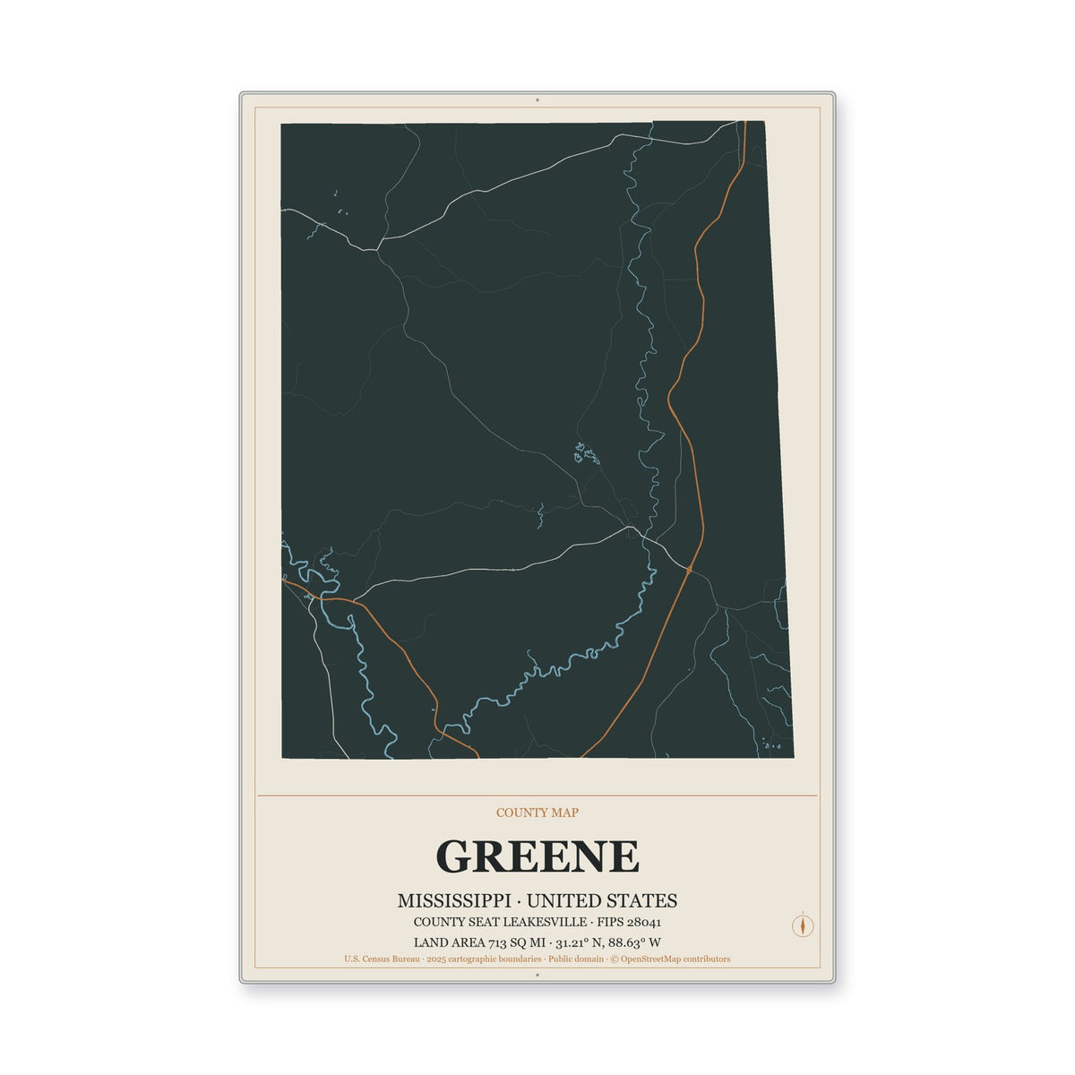Greene County, Mississippi Map Aluminum Sign in Headline Atlas style