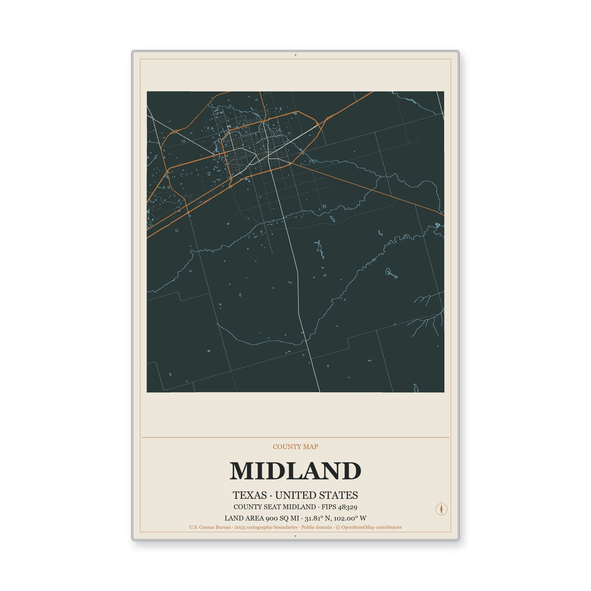 Midland County, Texas Map Aluminum Sign in Headline Atlas style
