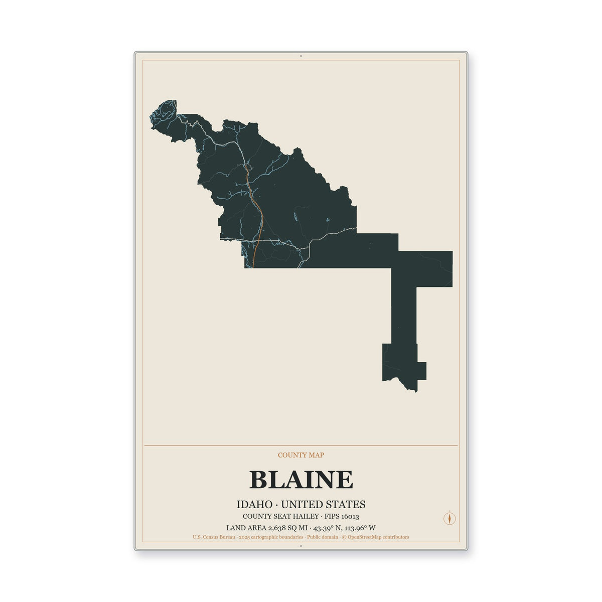 Blaine County, Idaho Map Aluminum Sign in Headline Atlas style