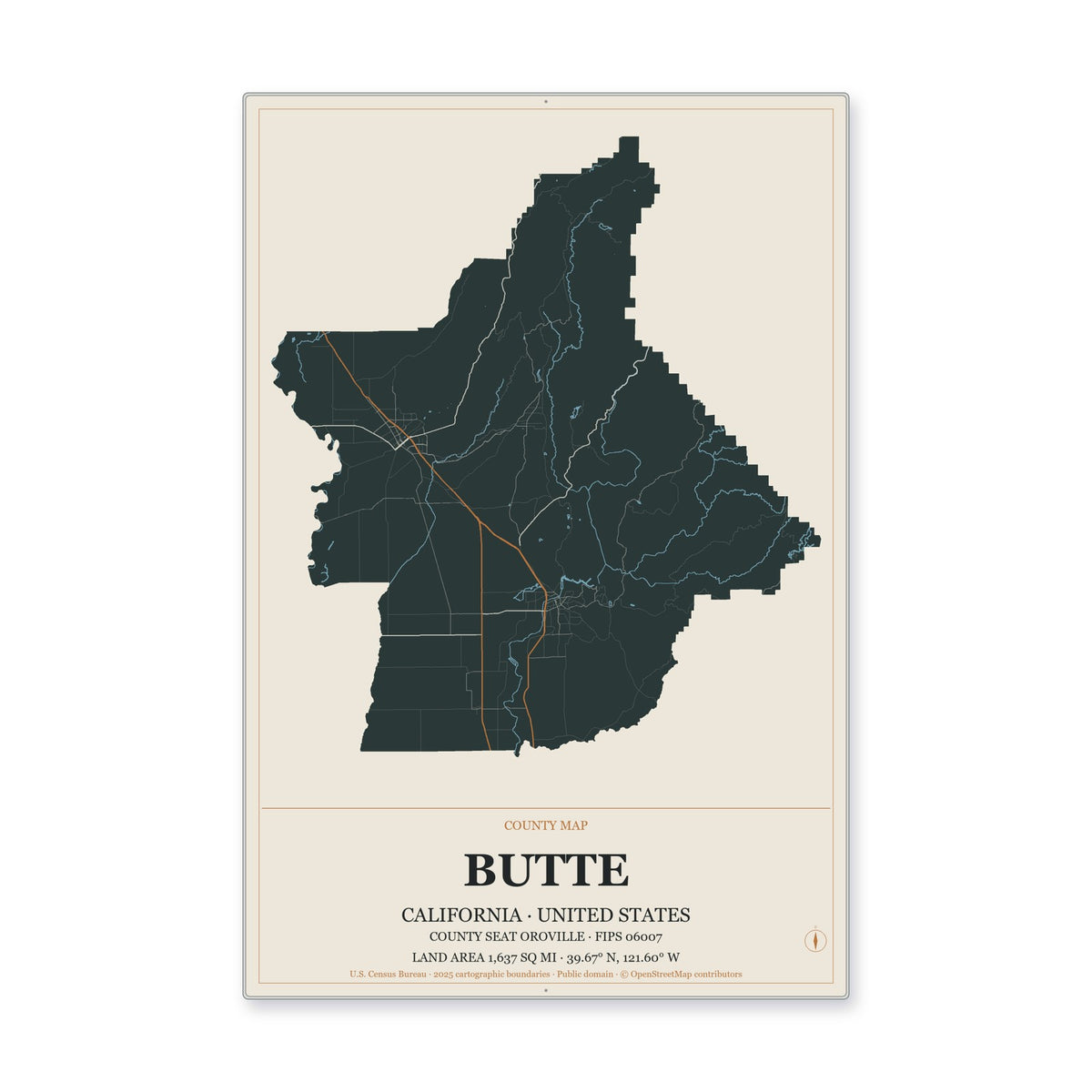 Butte County, California Map Aluminum Sign in Headline Atlas style