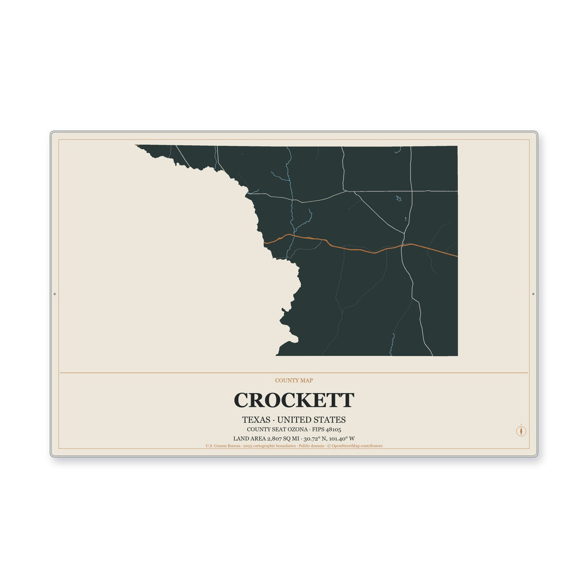 Crockett County, Texas Map Aluminum Sign in Headline Atlas style