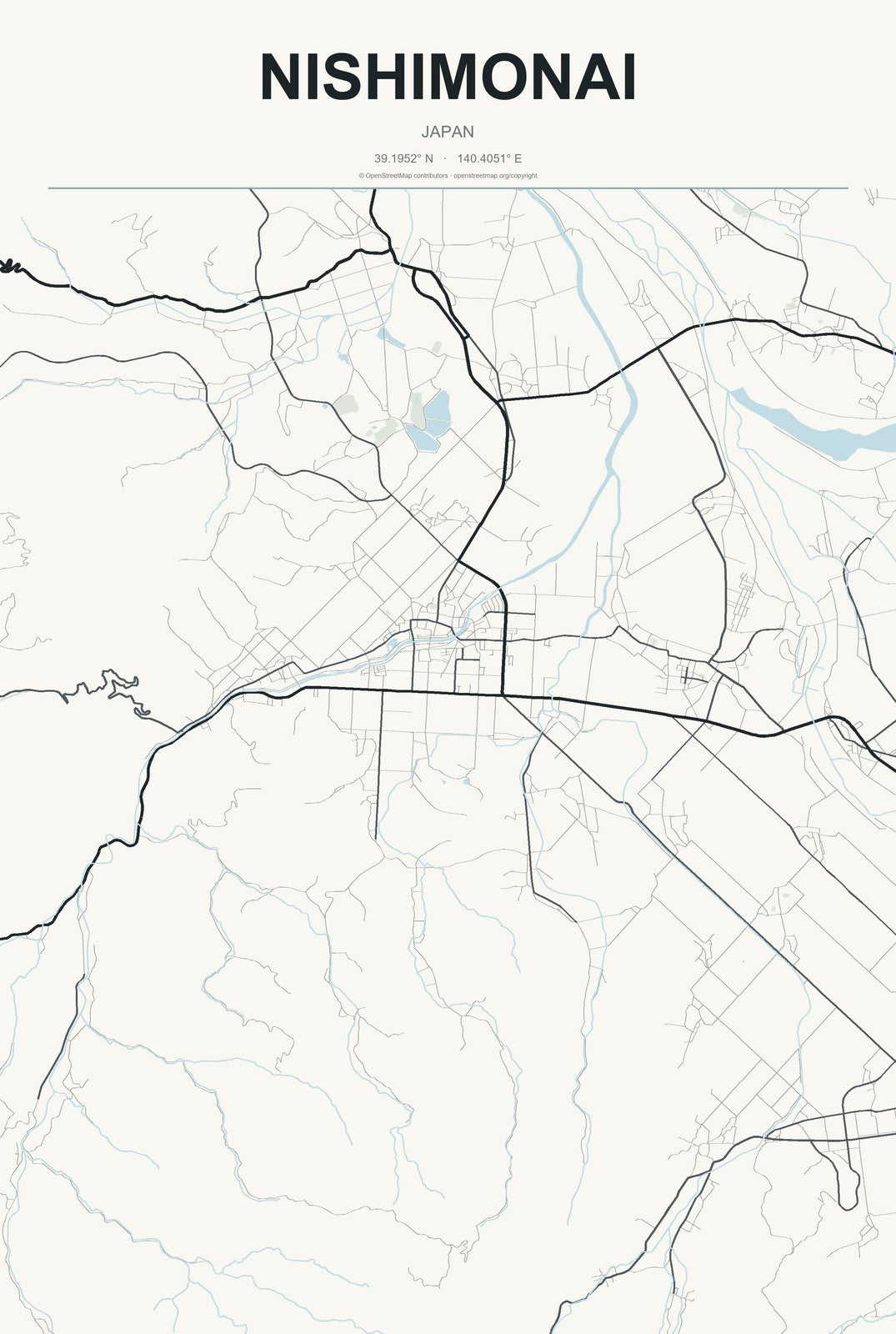Nishimonai, Japan City Map Aluminum Sign in Headline Atlas style