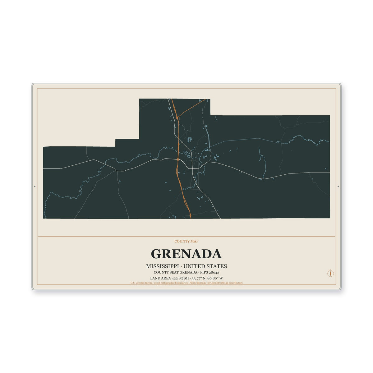 Grenada County, Mississippi Map Aluminum Sign in Headline Atlas style