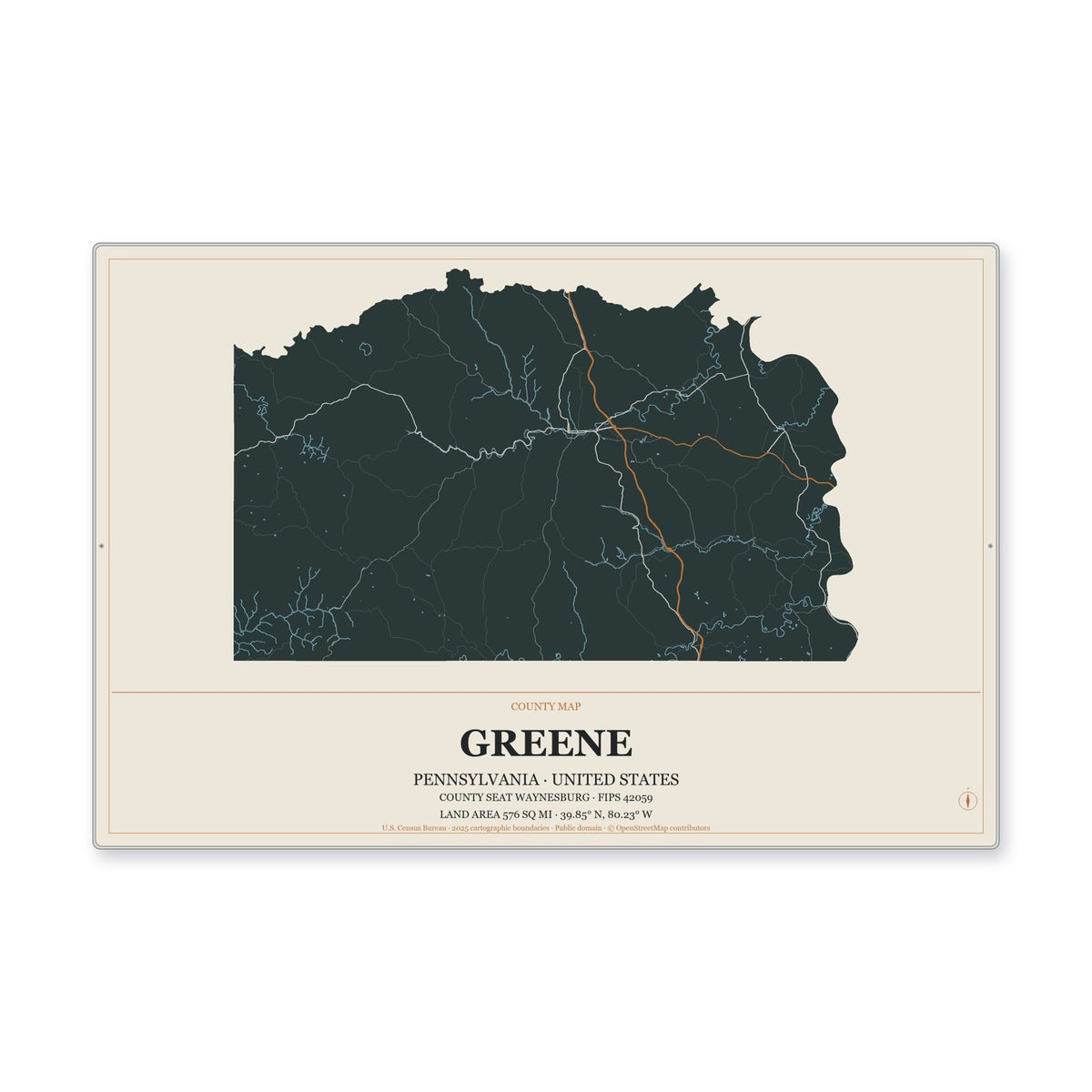 Greene County, Pennsylvania Map Aluminum Sign in Headline Atlas style